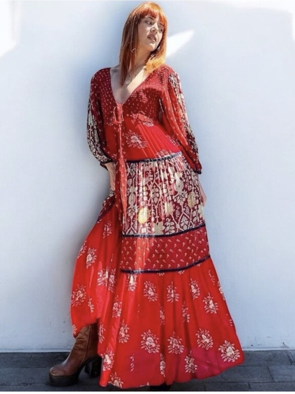 LAST 1!! Free People Bali Laurel Bohemian Long Sleeve Red Maxi Dress - $298 - Picture 2 of 13